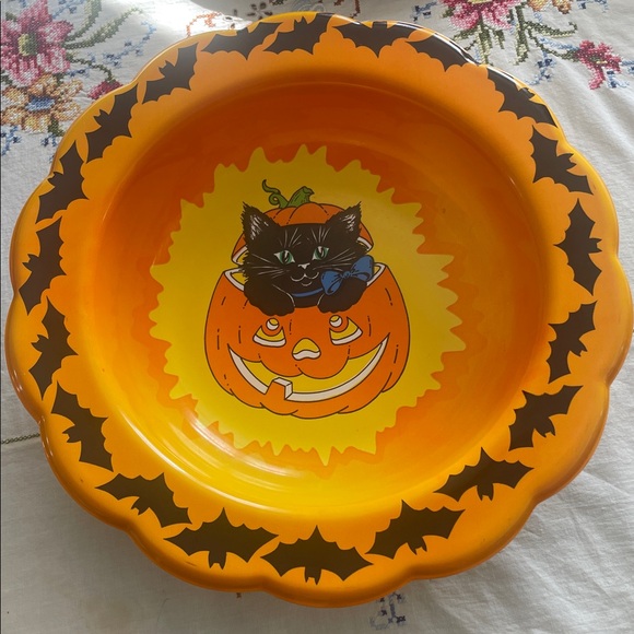 Vintage Rare Halloween Themed Hard Plastic Bowl - Jack O' Lantern, Cat & Bats - Picture 4 of 9